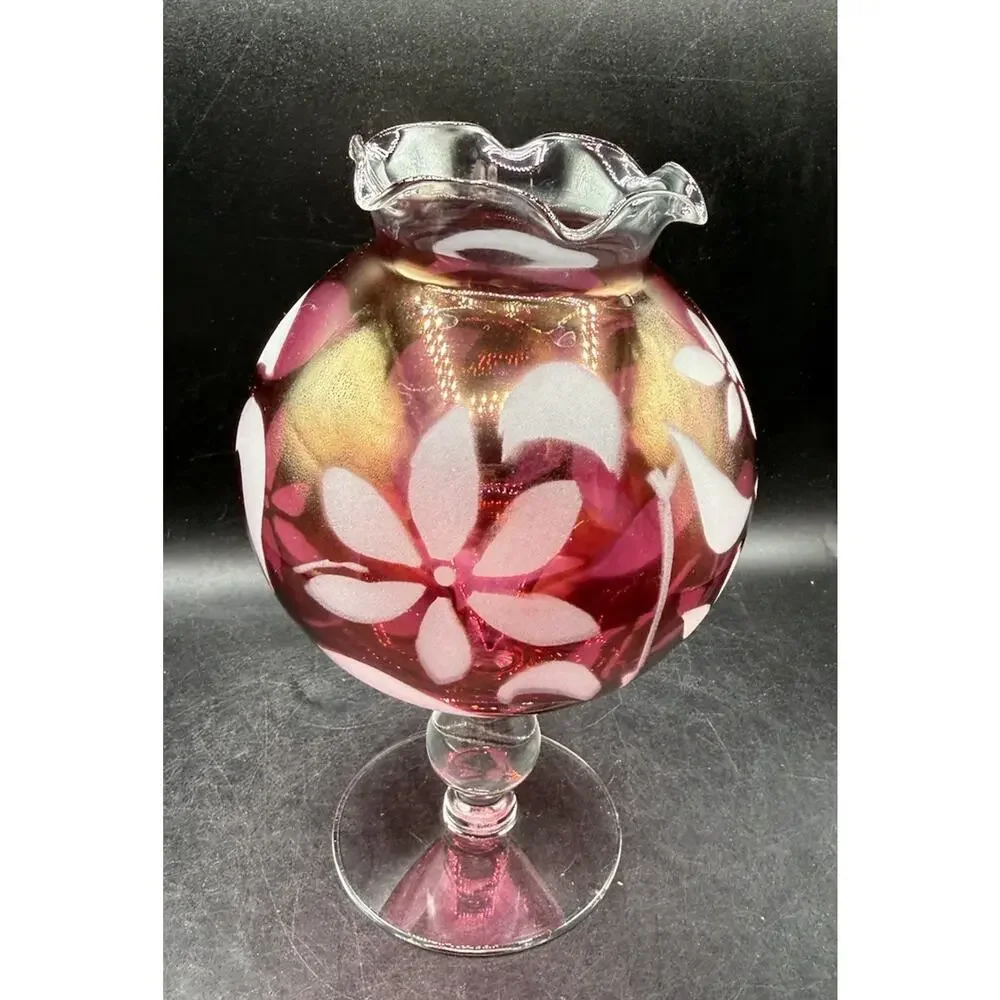 Cranberry Flower Rose Bowl Vase Glass Etched Pedestal Ruffled Rim Vintage